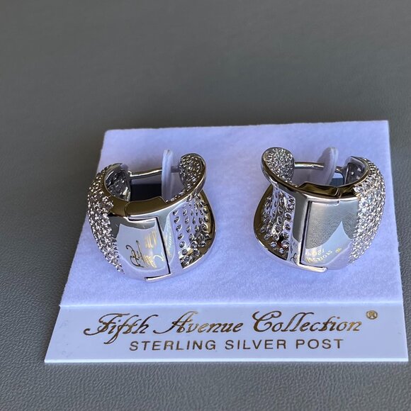 Pave Cubic Zirconia Huggies Style Silver Tone Earrings - Picture 6 of 10